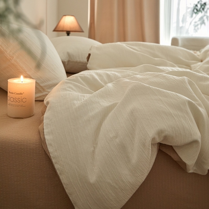 91家纺网 家纺一手货源 找家纺 麦空家居 2025新款无印风竹麻皱纱简约纯色四件套 奶昔白-卡其