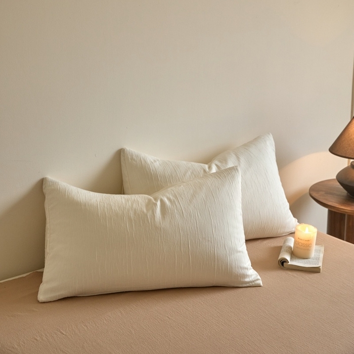 91家纺网 家纺一手货源 找家纺 麦空家居 2025新款无印风竹麻皱纱简约纯色四件套 奶昔白-卡其