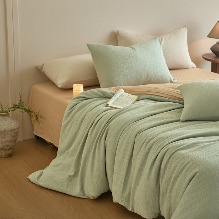 麦空家居 2025新款无印风竹麻皱纱简约纯色四件套 果绿-卡其