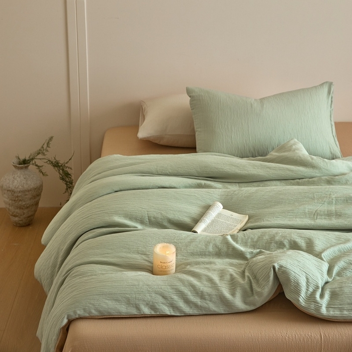 91家纺网 家纺一手货源 找家纺 麦空家居 2025新款无印风竹麻皱纱简约纯色四件套 果绿-卡其
