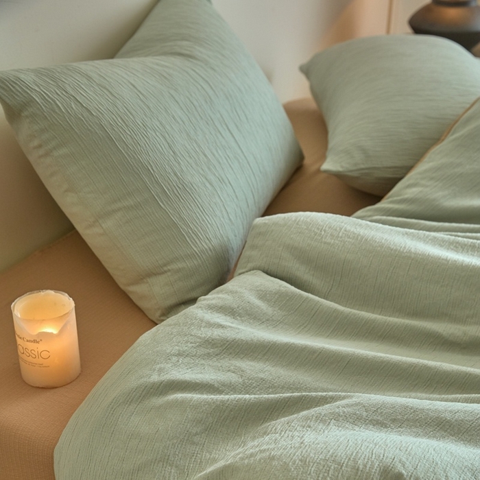 91家纺网 家纺一手货源 找家纺 麦空家居 2025新款无印风竹麻皱纱简约纯色四件套 果绿-卡其