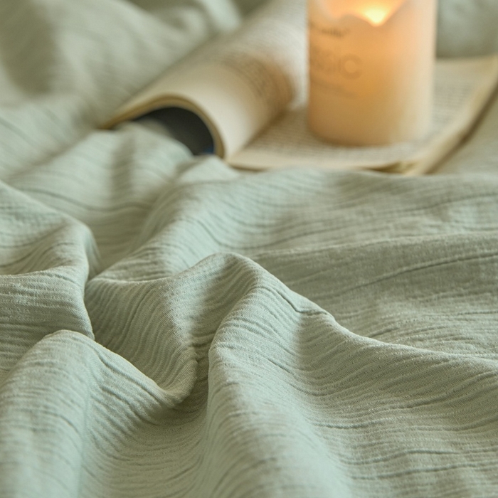 91家纺网 家纺一手货源 找家纺 麦空家居 2025新款无印风竹麻皱纱简约纯色四件套 果绿-卡其