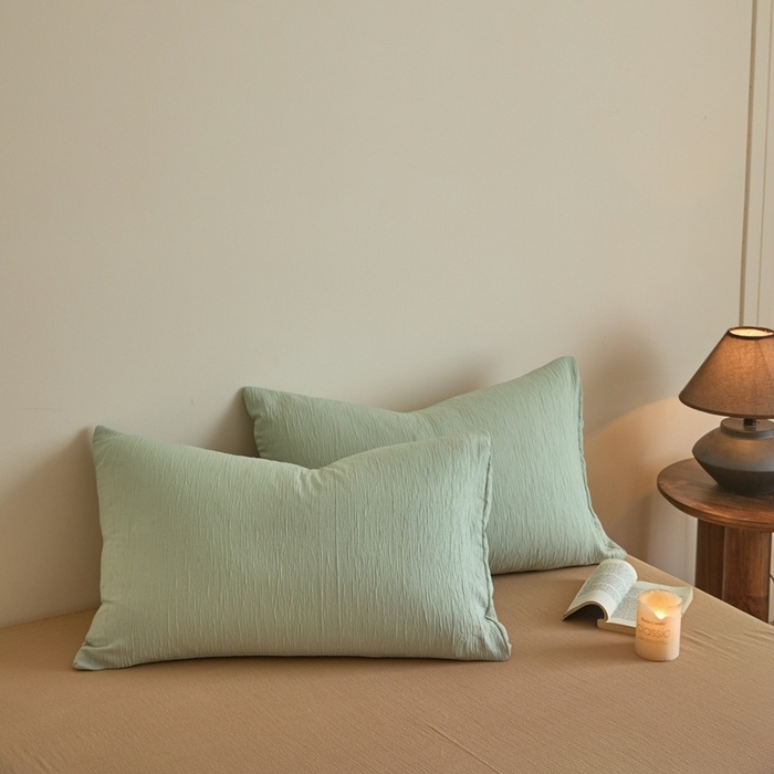 91家纺网 家纺一手货源 找家纺 麦空家居 2025新款无印风竹麻皱纱简约纯色四件套 果绿-卡其