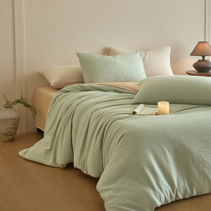 91家纺网 家纺一手货源 找家纺 麦空家居 2025新款无印风竹麻皱纱简约纯色四件套 果绿-卡其