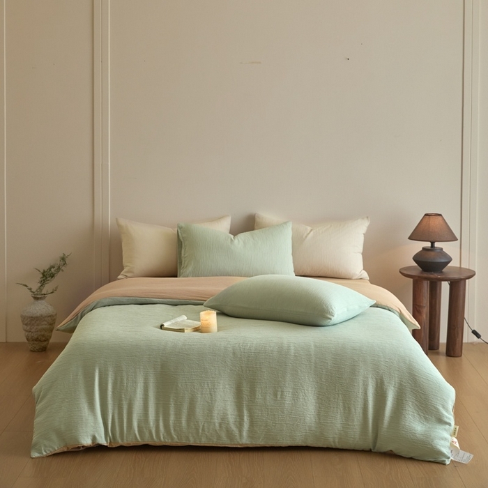 91家纺网 家纺一手货源 找家纺 麦空家居 2025新款无印风竹麻皱纱简约纯色四件套 果绿-卡其