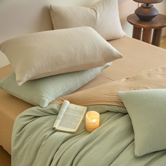 91家纺网 家纺一手货源 找家纺 麦空家居 2025新款无印风竹麻皱纱简约纯色四件套 果绿-卡其