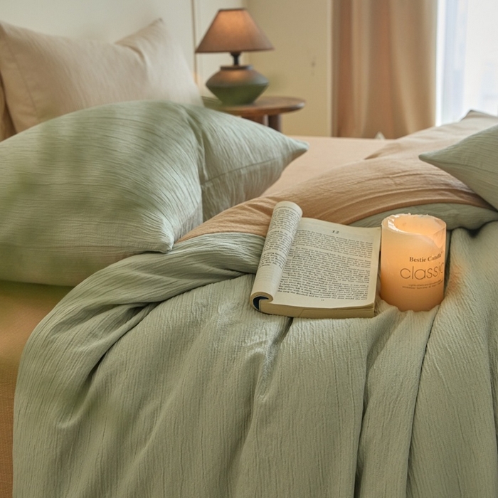 91家纺网 家纺一手货源 找家纺 麦空家居 2025新款无印风竹麻皱纱简约纯色四件套 果绿-卡其