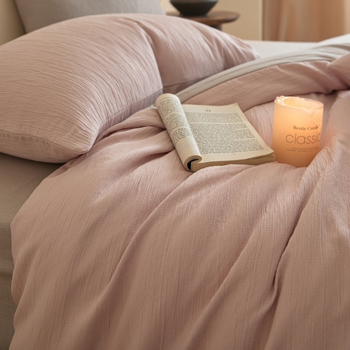 91家纺网 家纺一手货源 找家纺 麦空家居 2025新款无印风竹麻皱纱简约纯色四件套 奶油粉-山灰