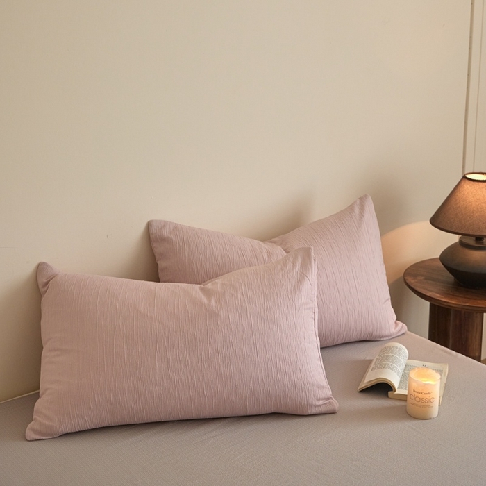 91家纺网 家纺一手货源 找家纺 麦空家居 2025新款无印风竹麻皱纱简约纯色四件套 奶油粉-山灰