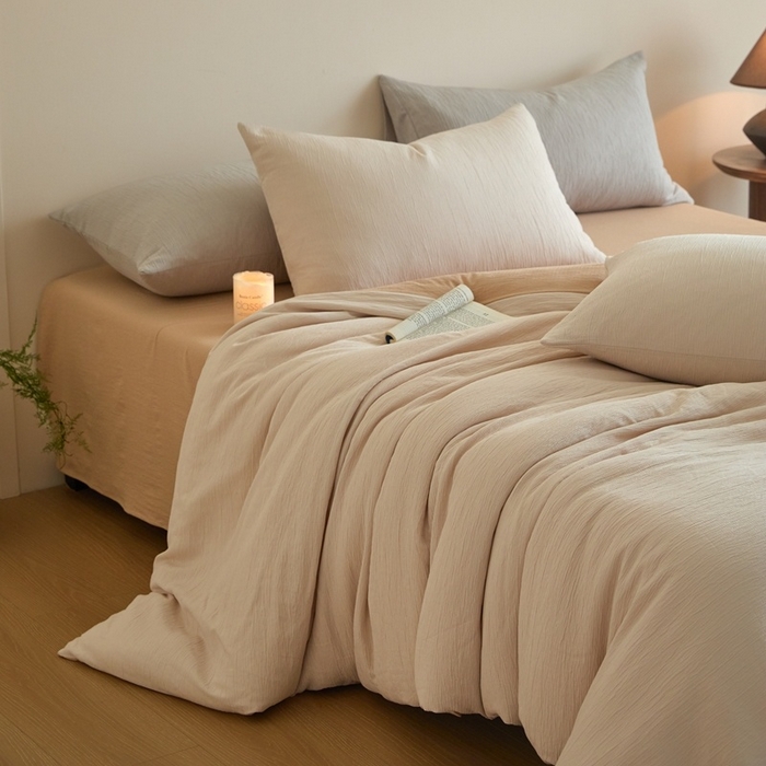 麦空家居 2025新款无印风竹麻皱纱简约纯色四件套 香槟-卡其
