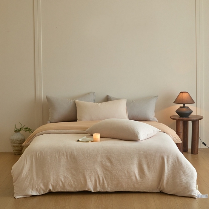 91家纺网 家纺一手货源 找家纺 麦空家居 2025新款无印风竹麻皱纱简约纯色四件套 香槟-卡其