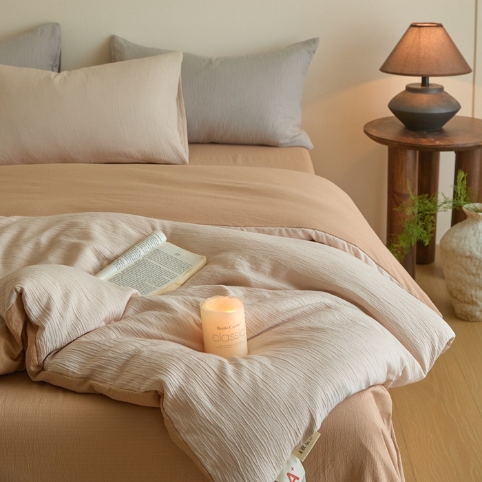 91家纺网 家纺一手货源 找家纺 麦空家居 2025新款无印风竹麻皱纱简约纯色四件套 香槟-卡其