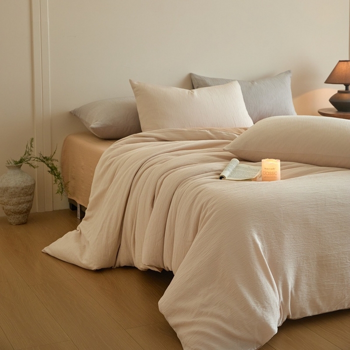 91家纺网 家纺一手货源 找家纺 麦空家居 2025新款无印风竹麻皱纱简约纯色四件套 香槟-卡其