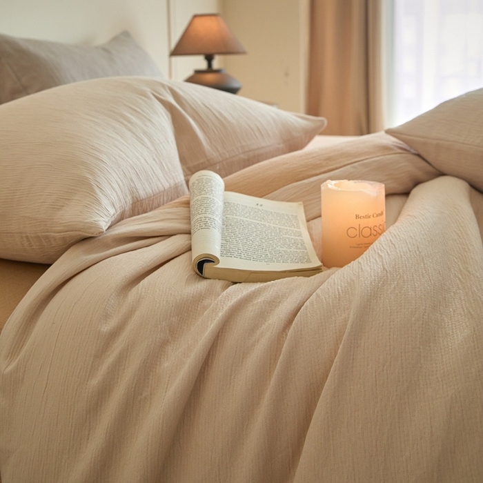 91家纺网 家纺一手货源 找家纺 麦空家居 2025新款无印风竹麻皱纱简约纯色四件套 香槟-卡其