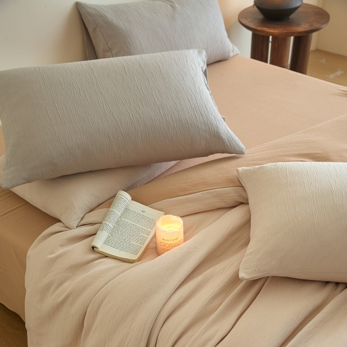 91家纺网 家纺一手货源 找家纺 麦空家居 2025新款无印风竹麻皱纱简约纯色四件套 香槟-卡其