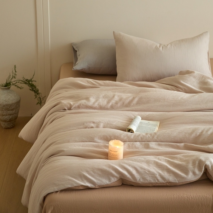 91家纺网 家纺一手货源 找家纺 麦空家居 2025新款无印风竹麻皱纱简约纯色四件套 香槟-卡其