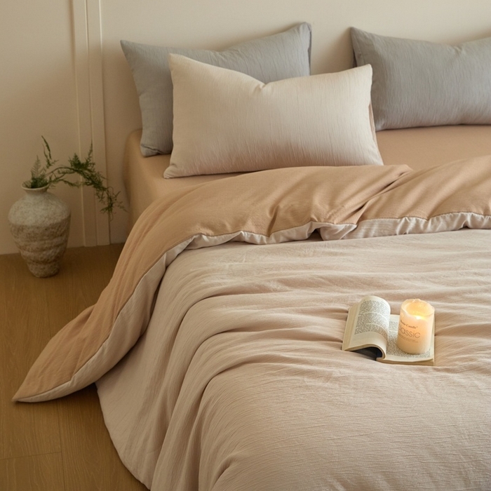 91家纺网 家纺一手货源 找家纺 麦空家居 2025新款无印风竹麻皱纱简约纯色四件套 香槟-卡其