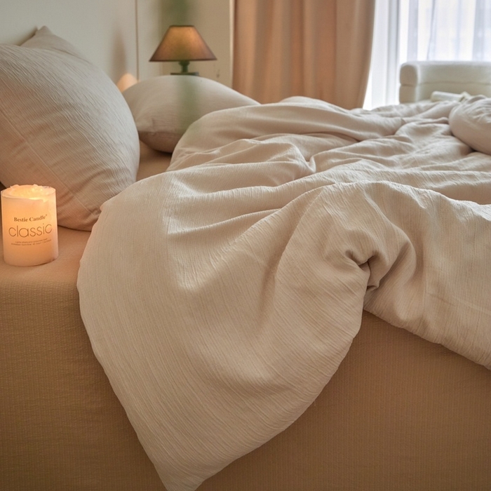 91家纺网 家纺一手货源 找家纺 麦空家居 2025新款无印风竹麻皱纱简约纯色四件套 香槟-卡其