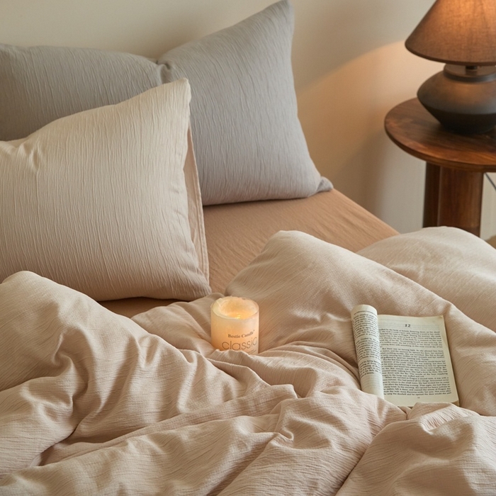 91家纺网 家纺一手货源 找家纺 麦空家居 2025新款无印风竹麻皱纱简约纯色四件套 香槟-卡其