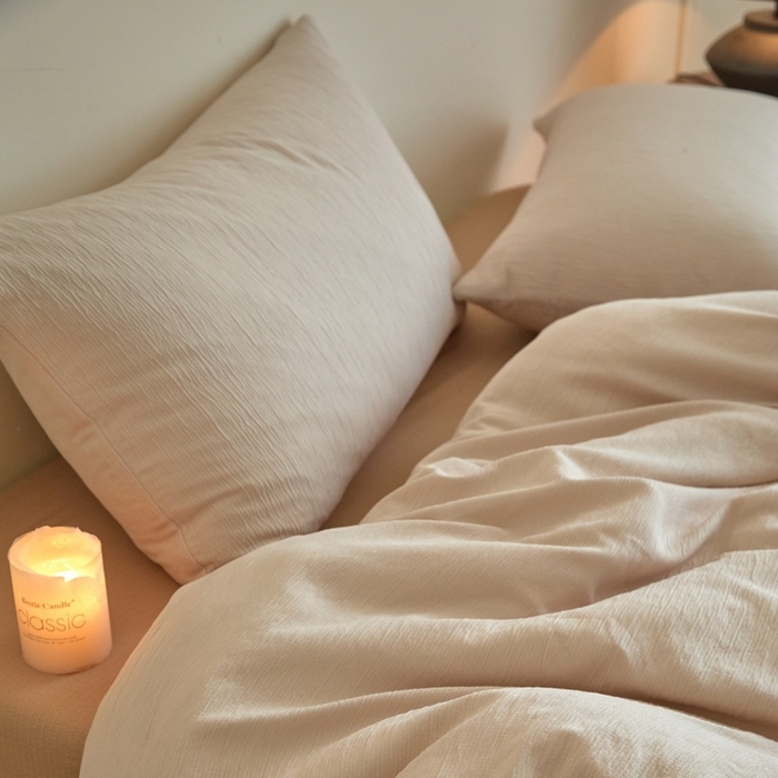 91家纺网 家纺一手货源 找家纺 麦空家居 2025新款无印风竹麻皱纱简约纯色四件套 香槟-卡其