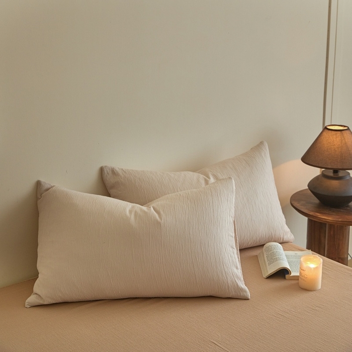 91家纺网 家纺一手货源 找家纺 麦空家居 2025新款无印风竹麻皱纱简约纯色四件套 香槟-卡其