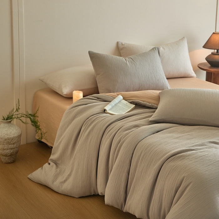 麦空家居 2025新款无印风竹麻皱纱简约纯色四件套 珍珠灰-卡其