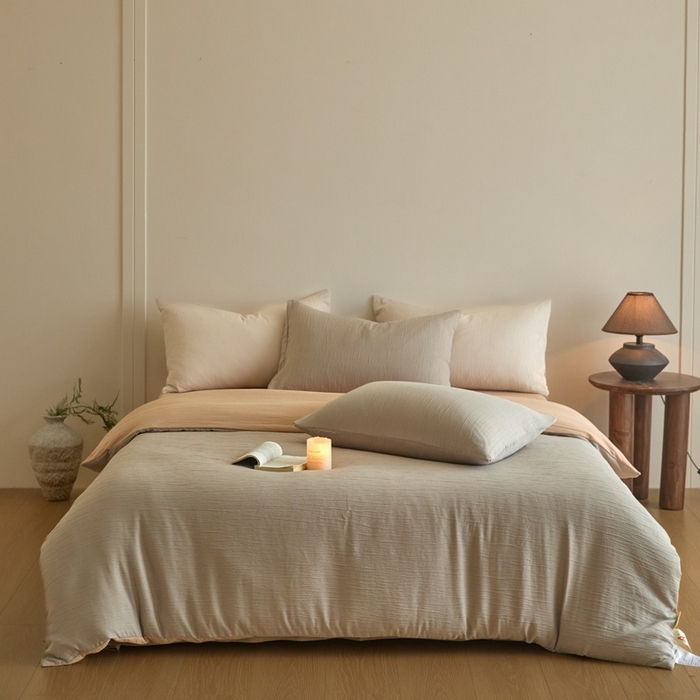 91家纺网 家纺一手货源 找家纺 麦空家居 2025新款无印风竹麻皱纱简约纯色四件套 珍珠灰-卡其