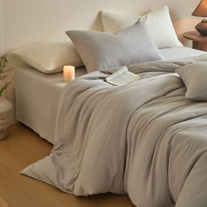 麦空家居 2025新款无印风竹麻皱纱简约纯色四件套 珍珠灰独版