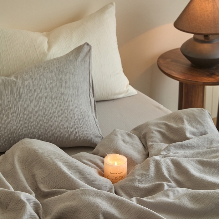 91家纺网 家纺一手货源 找家纺 麦空家居 2025新款无印风竹麻皱纱简约纯色四件套 珍珠灰独版