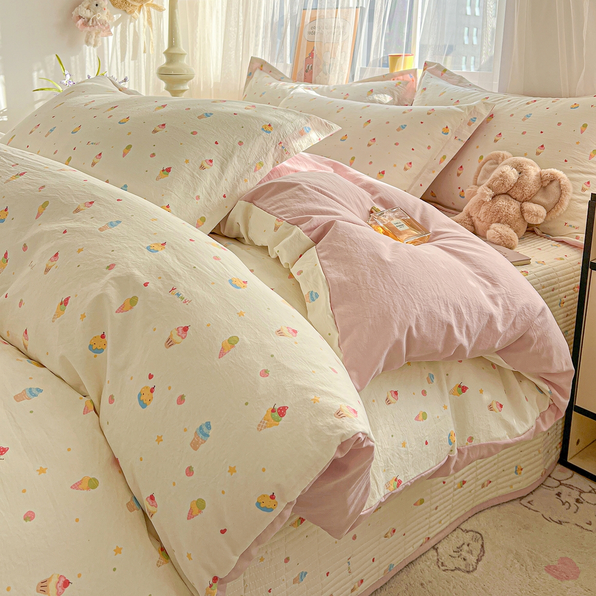 仟网汇 2026新款亲肤舒适仿棉印花床盖四件套 蛋糕派