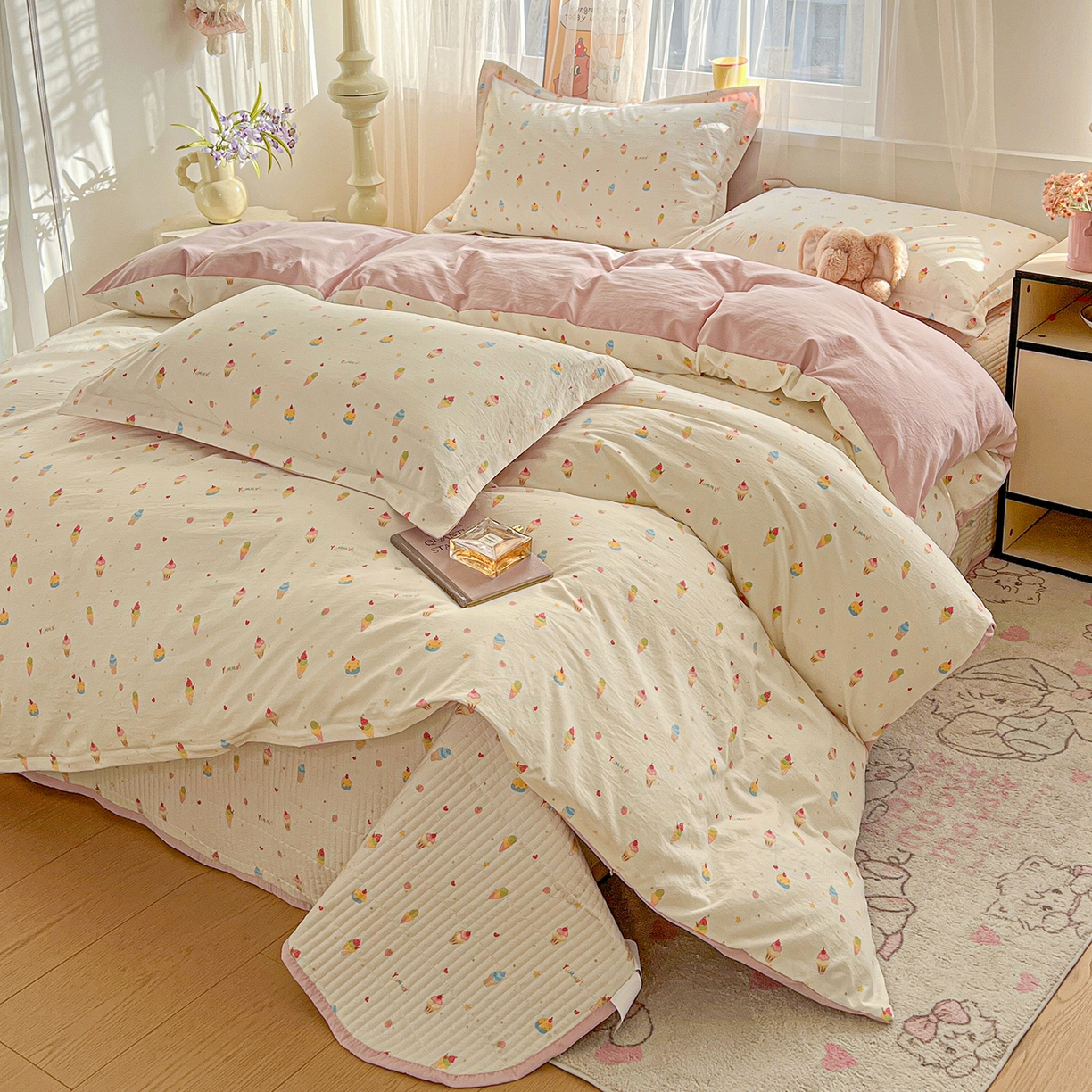 91家纺网 家纺一手货源 找家纺 仟网汇 2026新款亲肤舒适仿棉印花床盖四件套 蛋糕派