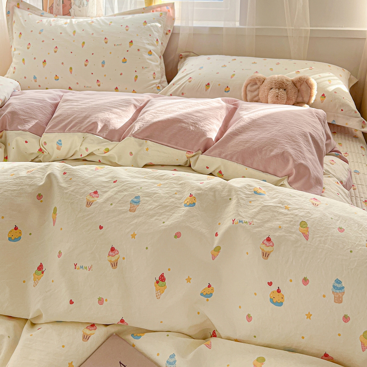 91家纺网 家纺一手货源 找家纺 仟网汇 2026新款亲肤舒适仿棉印花床盖四件套 蛋糕派