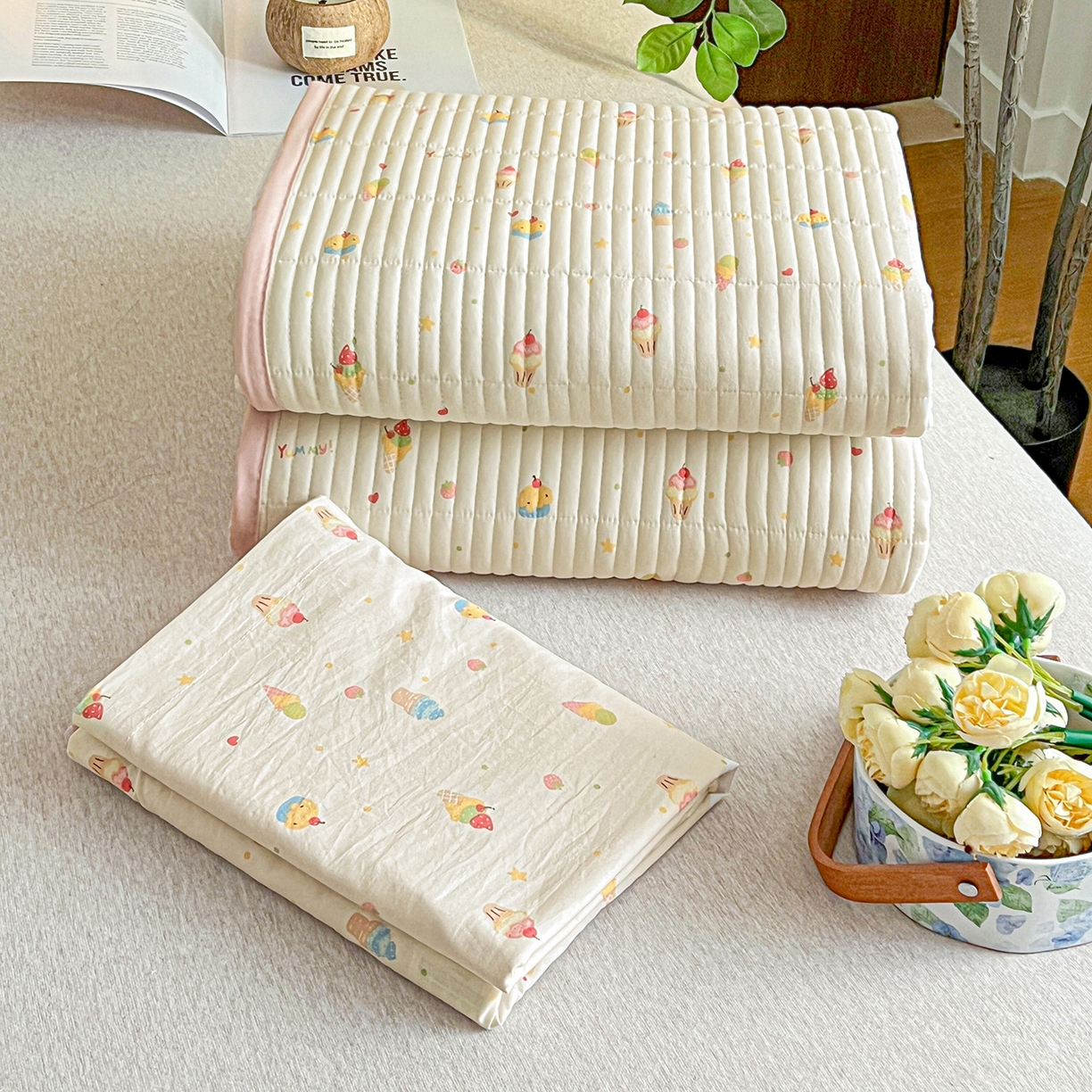 91家纺网 家纺一手货源 找家纺 仟网汇 2026新款亲肤舒适仿棉印花床盖四件套 蛋糕派