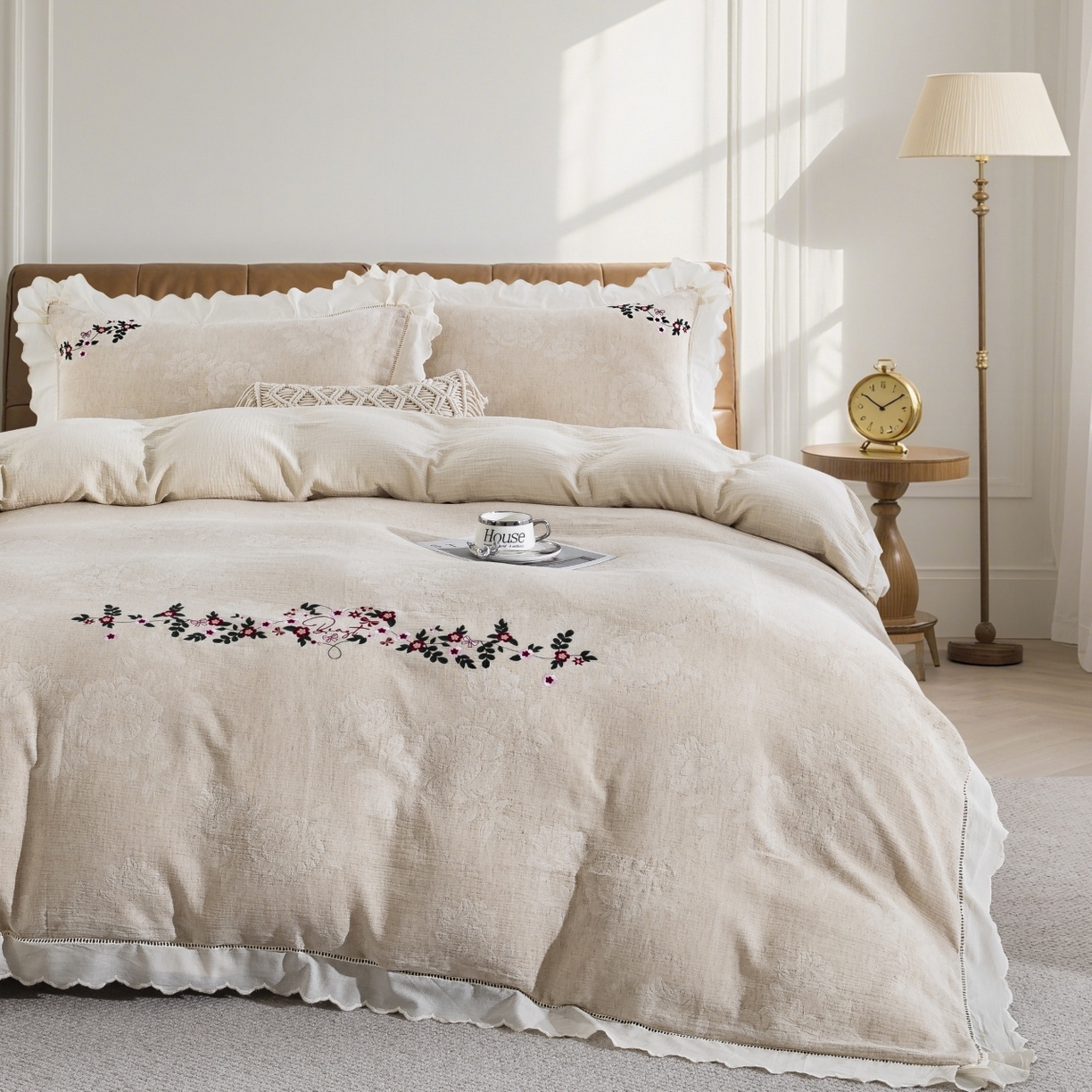 （总）仰望棉麻双层纱供应链 2026新款浣溪沙棉麻刺绣花边款四件套