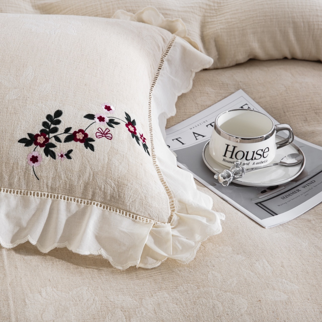 91家纺网 家纺一手货源 找家纺 （总）仰望棉麻双层纱供应链 2026新款浣溪沙棉麻刺绣花边款四件套