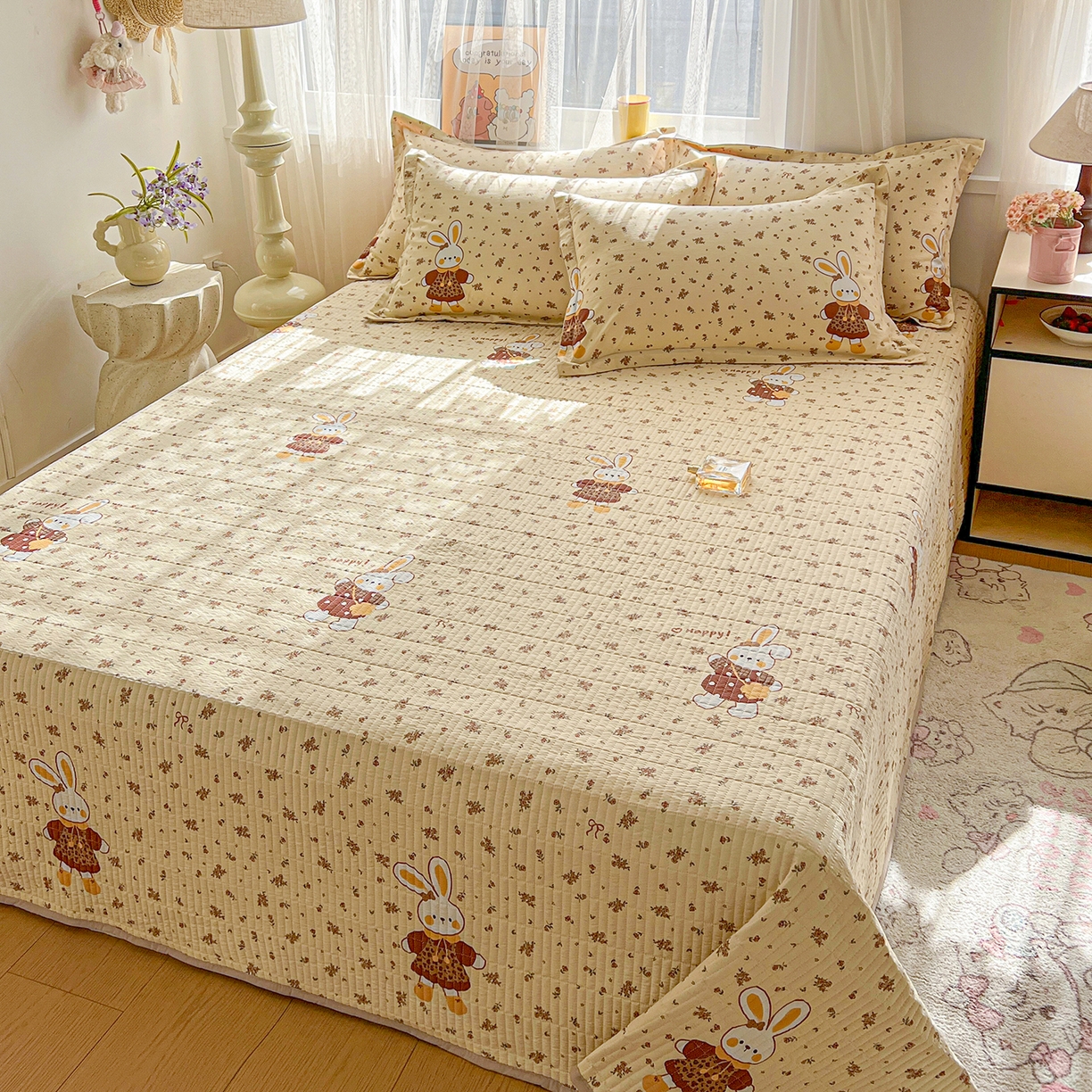 91家纺网 家纺一手货源 找家纺 仟网汇 2026新款亲肤舒适仿棉印花床盖四件套 萌萌兔