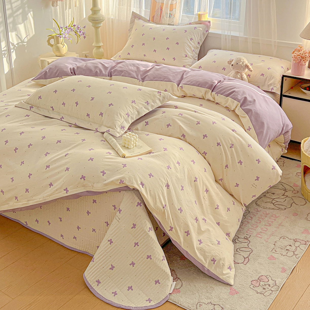 91家纺网 家纺一手货源 找家纺 仟网汇 2026新款亲肤舒适仿棉印花床盖四件套 梦幻紫