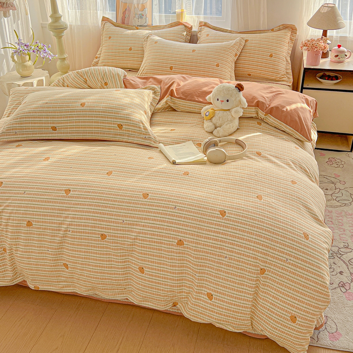 91家纺网 家纺一手货源 找家纺 仟网汇 2026新款亲肤舒适仿棉印花床盖四件套 南瓜季