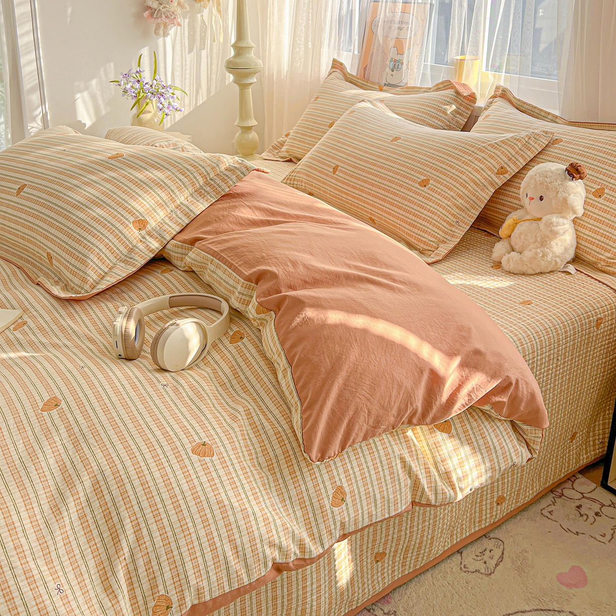 91家纺网 家纺一手货源 找家纺 仟网汇 2026新款亲肤舒适仿棉印花床盖四件套 南瓜季