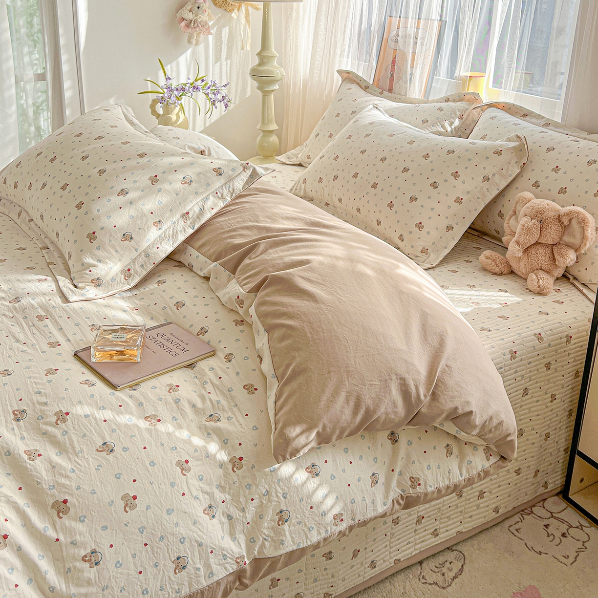 91家纺网 家纺一手货源 找家纺 仟网汇 2026新款亲肤舒适仿棉印花床盖四件套 泡芙小象