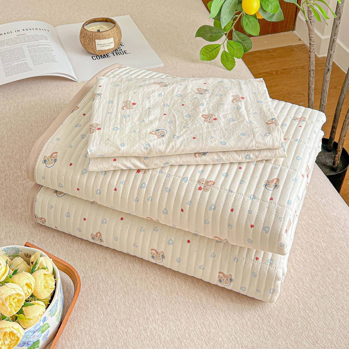 91家纺网 家纺一手货源 找家纺 仟网汇 2026新款亲肤舒适仿棉印花床盖四件套 泡芙小象