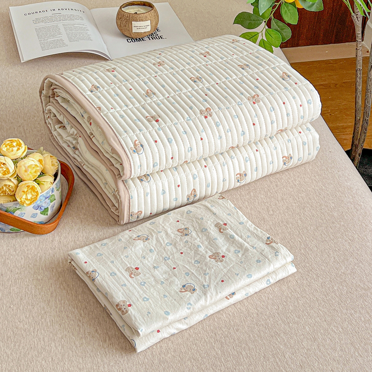 91家纺网 家纺一手货源 找家纺 仟网汇 2026新款亲肤舒适仿棉印花床盖四件套 泡芙小象