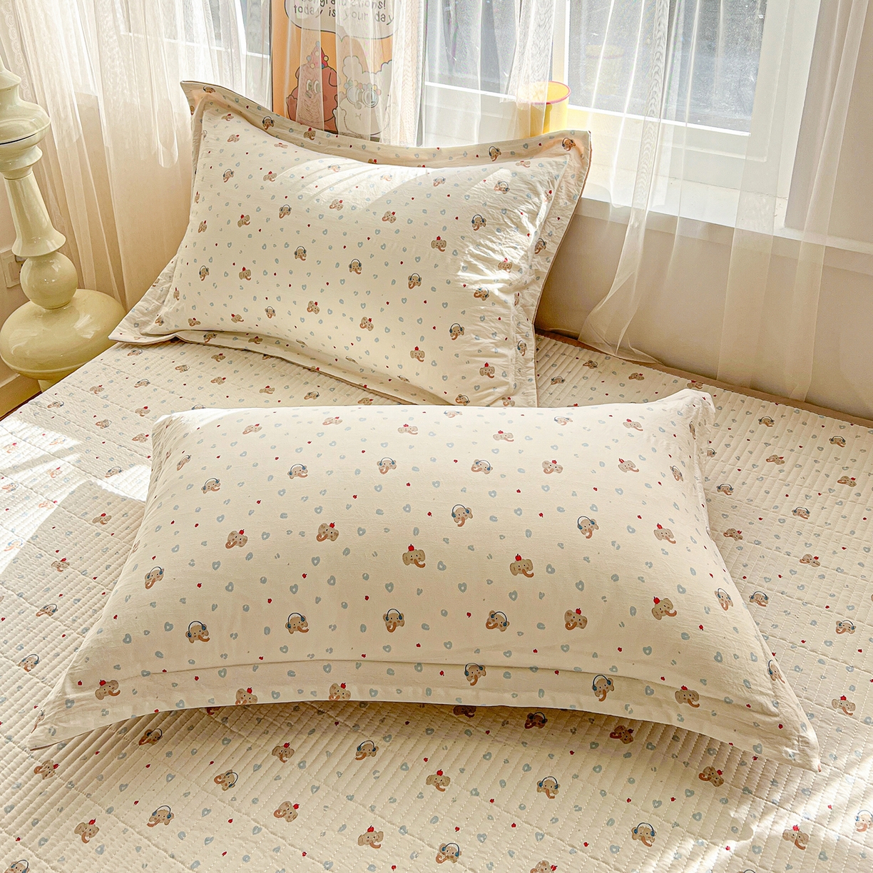 91家纺网 家纺一手货源 找家纺 仟网汇 2026新款亲肤舒适仿棉印花床盖四件套 泡芙小象