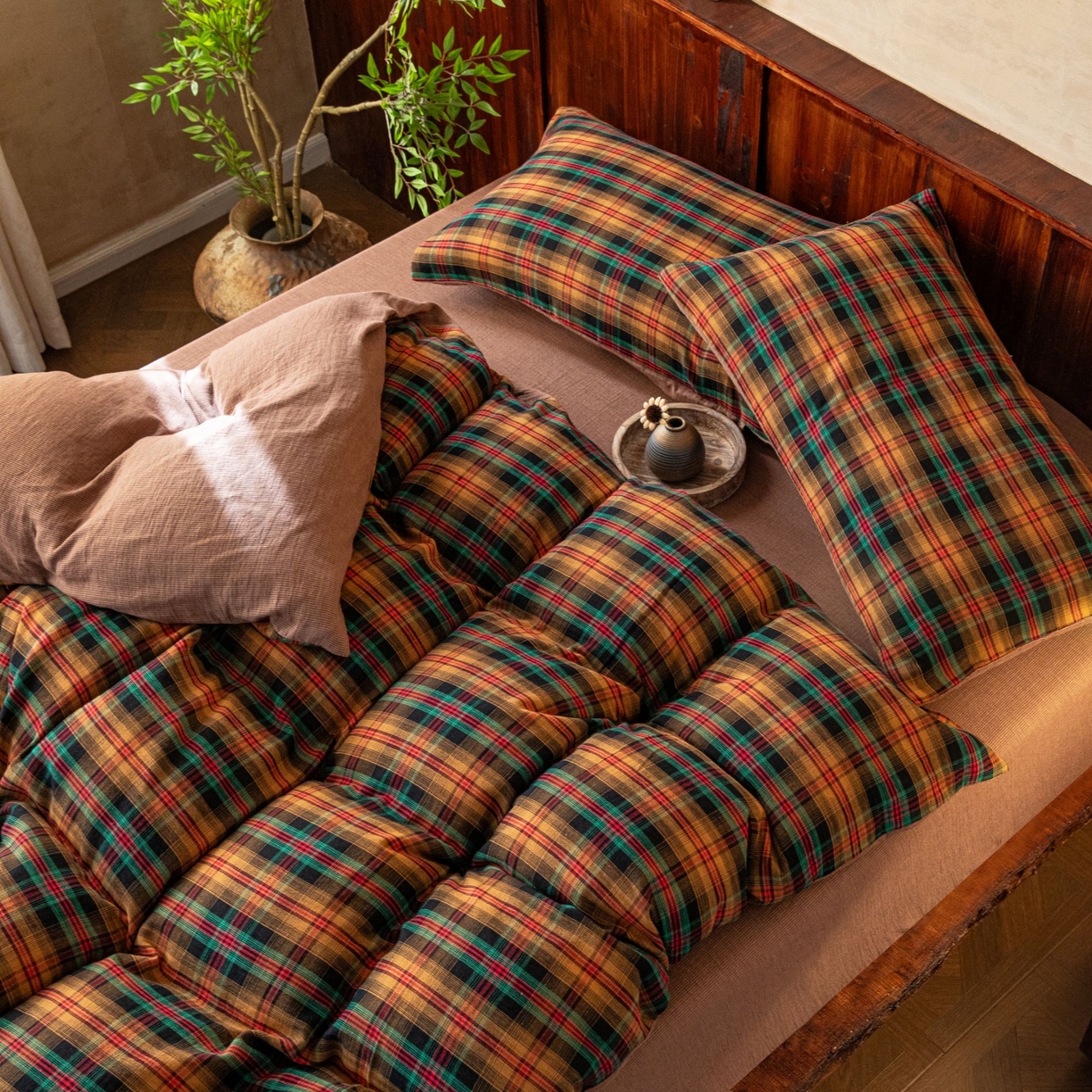 91家纺网 家纺一手货源 找家纺 （总）仰望棉麻双层纱供应链 2026新款圣诞印象全棉色织提花双层纱四件套