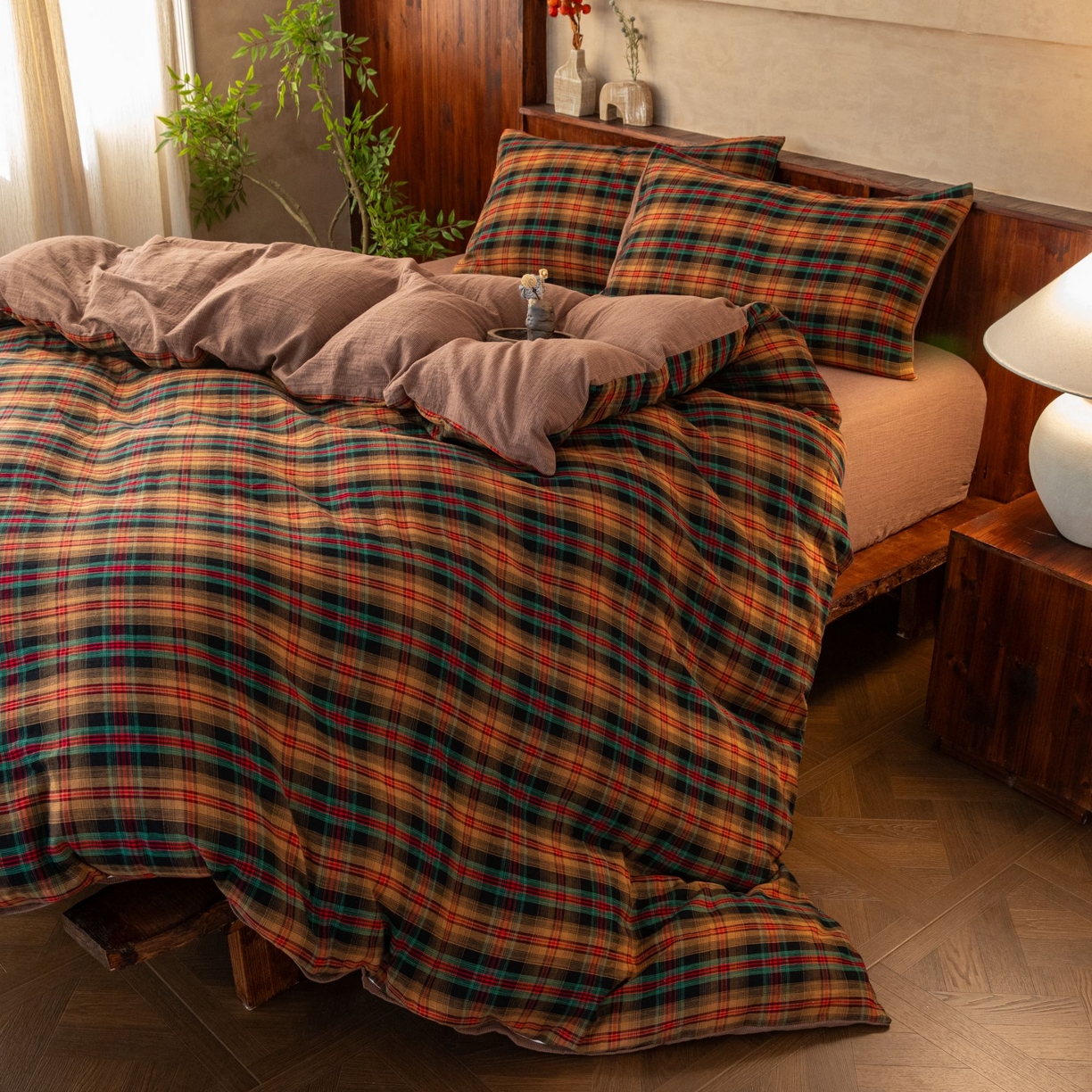 91家纺网 家纺一手货源 找家纺 （总）仰望棉麻双层纱供应链 2026新款圣诞印象全棉色织提花双层纱四件套