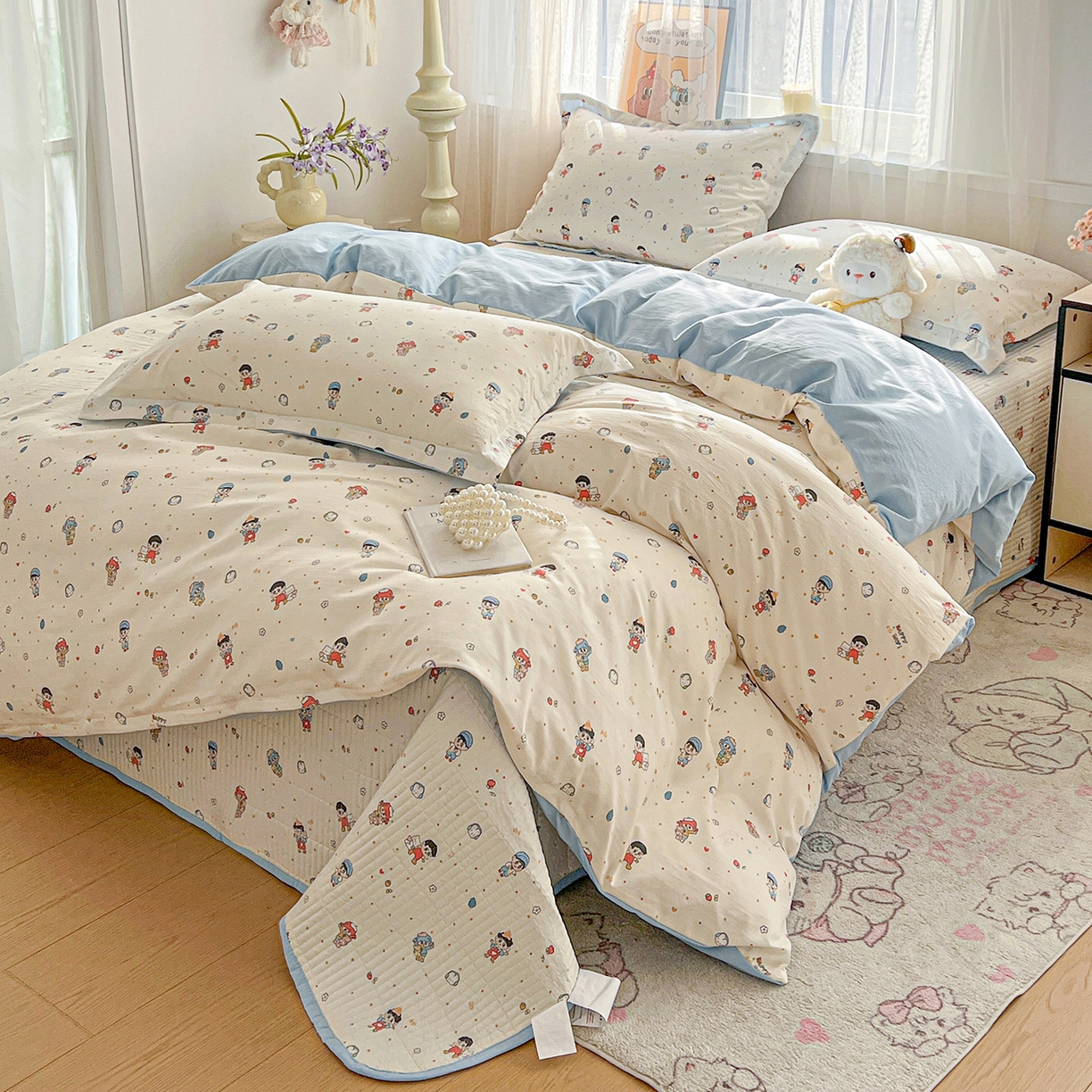 91家纺网 家纺一手货源 找家纺 仟网汇 2026新款亲肤舒适仿棉印花床盖四件套 童趣