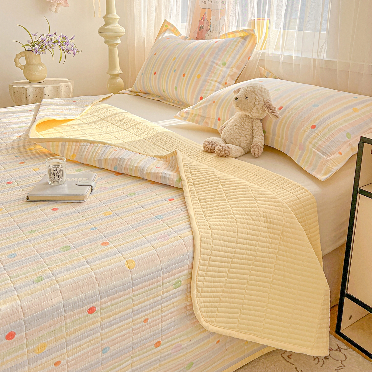 91家纺网 家纺一手货源 找家纺 仟网汇 2026新款亲肤舒适仿棉印花床盖四件套 小时光