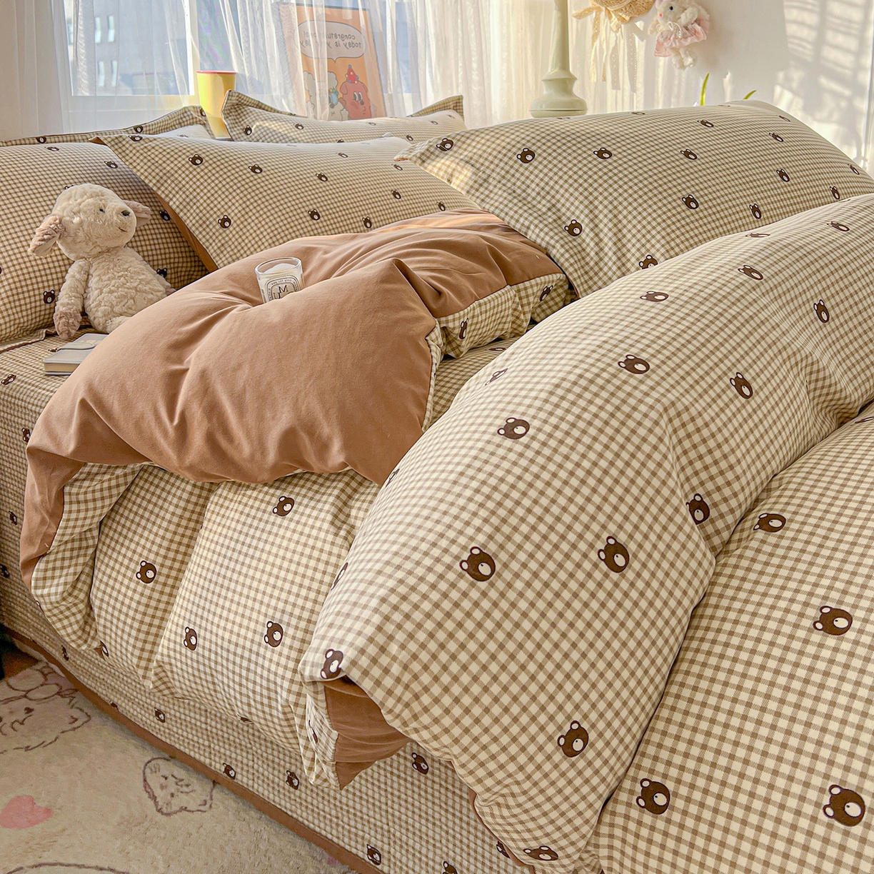 91家纺网 家纺一手货源 找家纺 仟网汇 2026新款亲肤舒适仿棉印花床盖四件套 小熊头