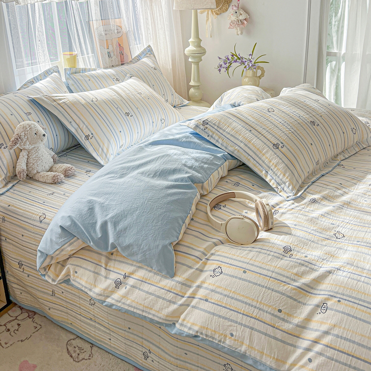 91家纺网 家纺一手货源 找家纺 仟网汇 2026新款亲肤舒适仿棉印花床盖四件套 鱼多多