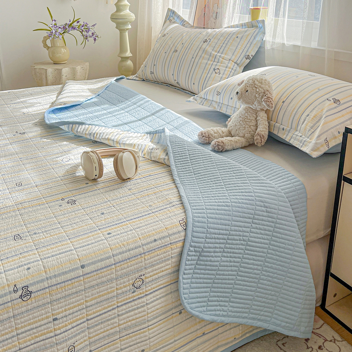 91家纺网 家纺一手货源 找家纺 仟网汇 2026新款亲肤舒适仿棉印花床盖四件套 鱼多多